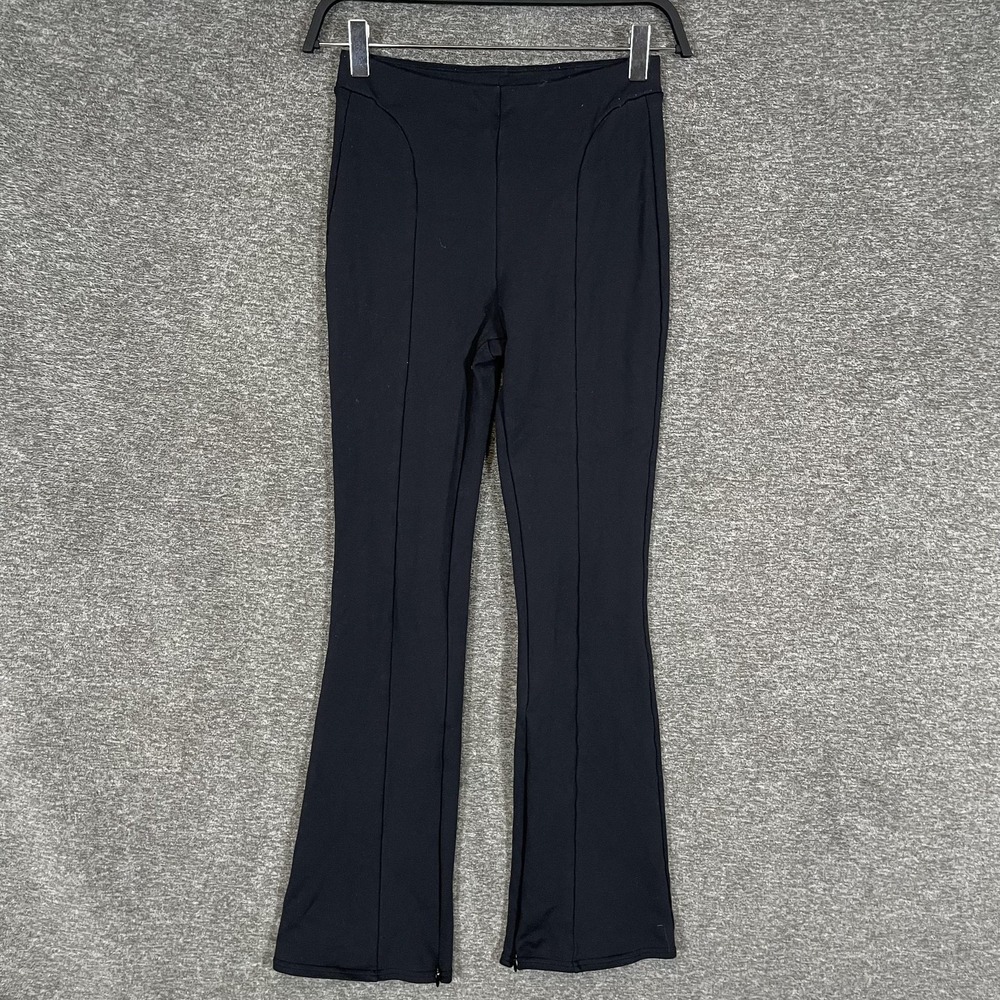 Alo Yoga Flare Leggings Womens XS Black Knit Front Seam Zip Hem Yoga Stretch
